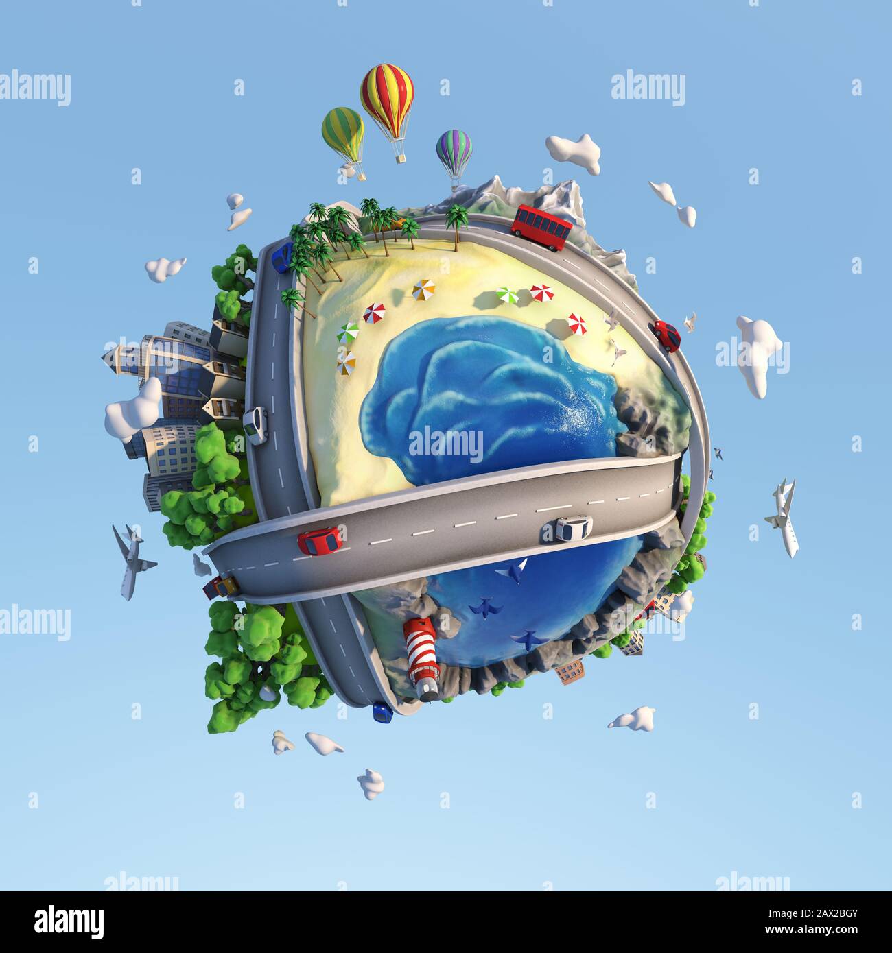 Concept World che mostra la diversità di paesaggi, strade, città, trasporti, e stili di vita con un clima soleggiato felice in stile cartone animato, tracciato di ritaglio. Foto Stock