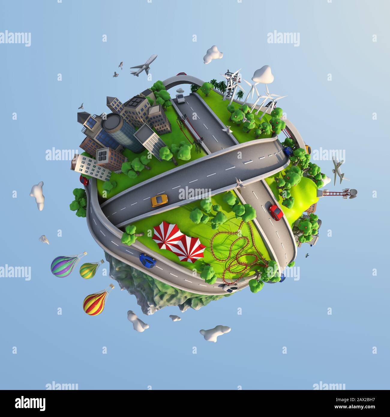 Concept World che mostra la diversità di paesaggi, strade, città, trasporti, e stili di vita con un clima soleggiato felice in stile cartone animato, tracciato di ritaglio. Foto Stock