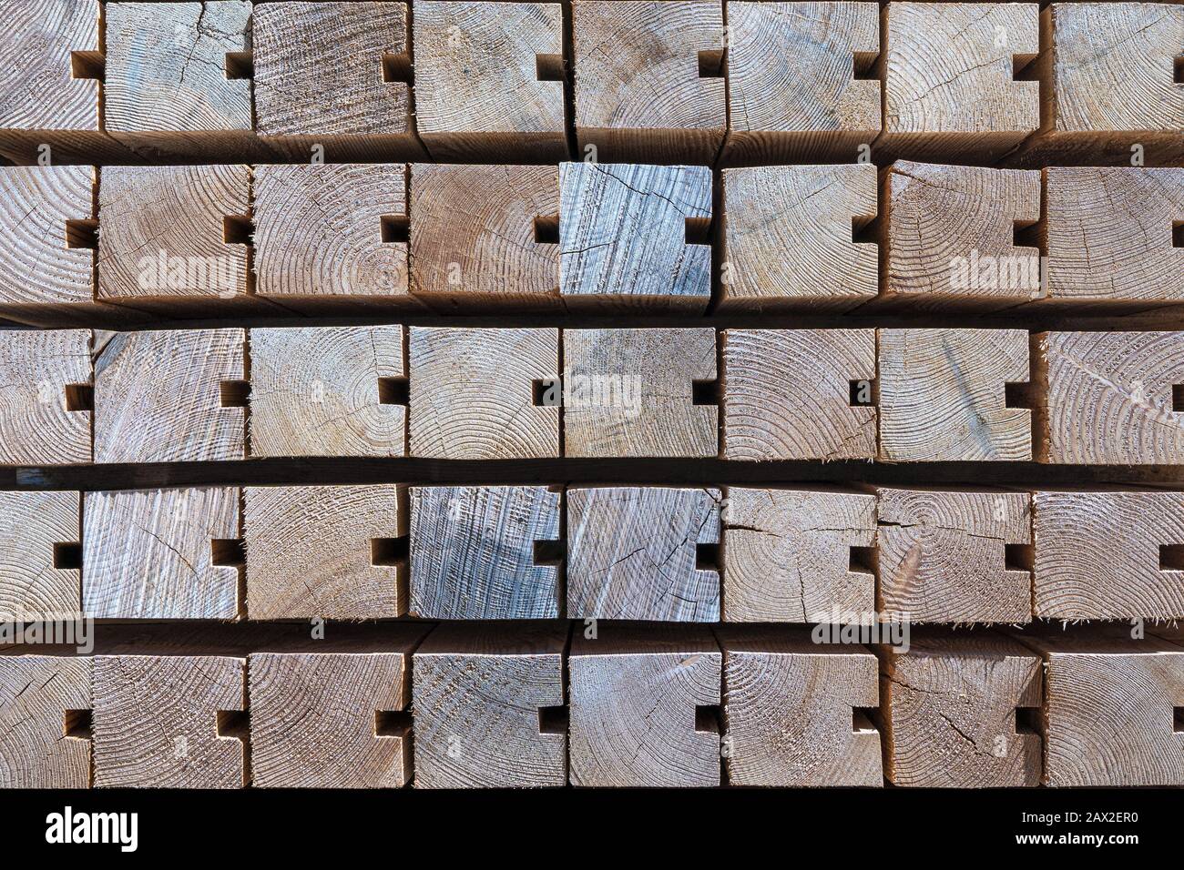 Travi di legno nuove impilate con scanalatura Foto Stock