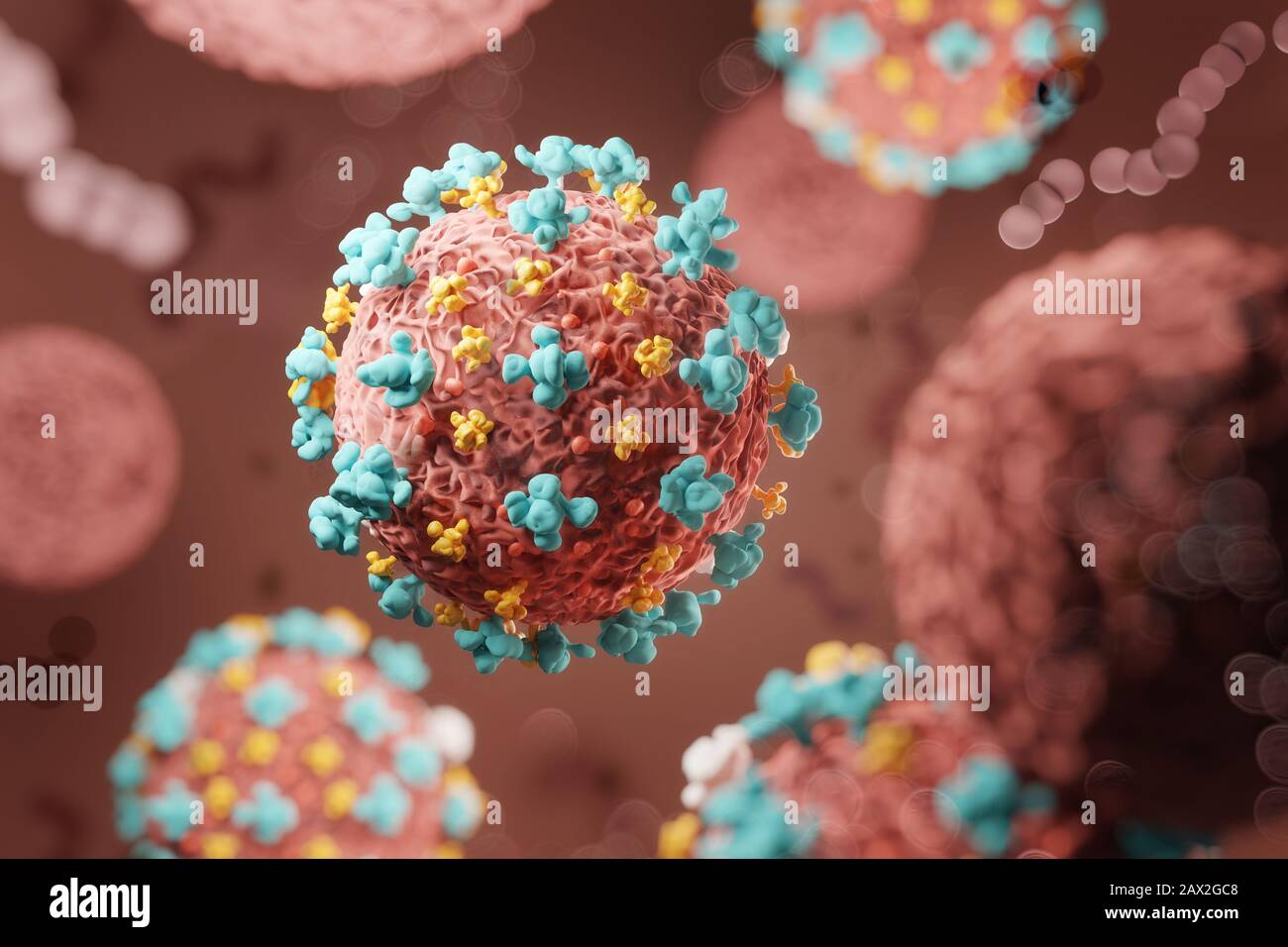 Un primo piano di Coronavirus 2019-nCoV galleggia all'interno del corpo umano. Un virus influenzale infettivo che causa malattie respiratorie. Impressione - 3d i Foto Stock