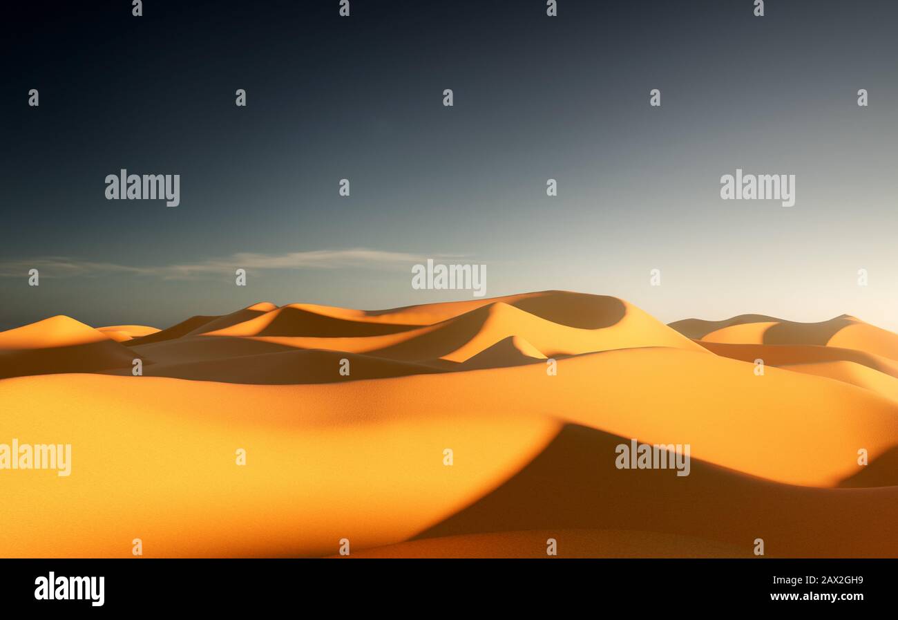 Dune di sabbia color oro e un cielo limpido nel tardo pomeriggio. Illustrazione di supporti misti. Foto Stock