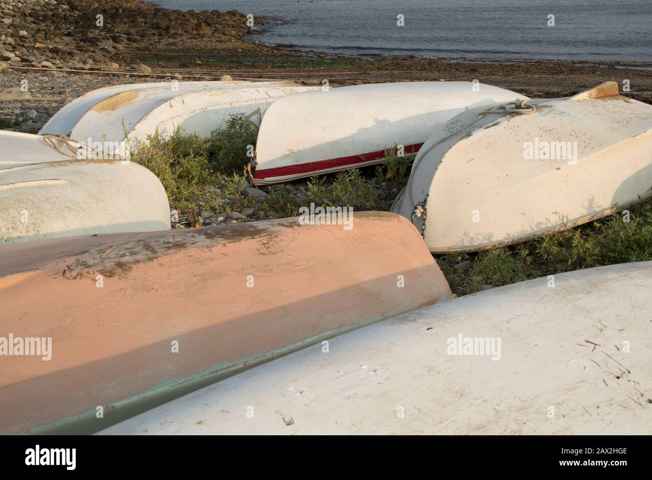 Skiffs linea il litorale a Rye, NH. Oceano Atlantico. Il New Hampshire ha solo 13 miglia di costa, ma è molto popolare soprattutto nei mesi più caldi. Foto Stock