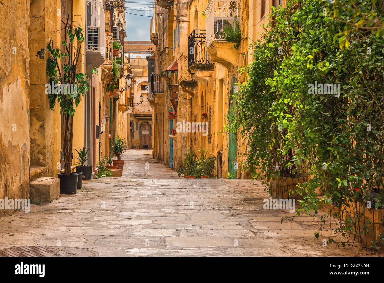 Valletta, Malta. Vecchia strada medievale vuota con edifici gialli e vasi di fiori a Birgu Foto Stock