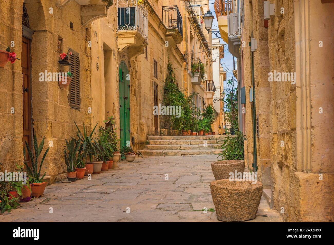 Vecchia e stretta strada medievale con edifici gialli e vasi di fiori a Valletta, Malta senza nessuno Foto Stock