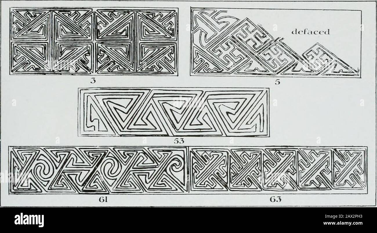 Muiredach, abate di Monasterboice, 890-923 d.C.; la sua vita e dintorni. Diagrammi di Modelli Di Interlacciamento sulla Croce.{disegno dell'autore.) IRLANDA 53 Foliage è stato curiosamente trascurato nella prima arte celtica, in realtà essa scarcelyexists. Ma una sensibilità floreale distinta deve essere tracciata nel divergente. Fig. I8. - Schemi di tasti sulla croce. (Le terminazioni del pannello [53] sono muli usurati e molto dubbiosi.) (disegno dall'autore.) ornamento a spirale sopra le figure di SS. Pauland Antony [41], fig. 36. C'è, inoltre, un pannello molto affascinante [29] in cui indeedour grande scultore di mille anni Foto Stock