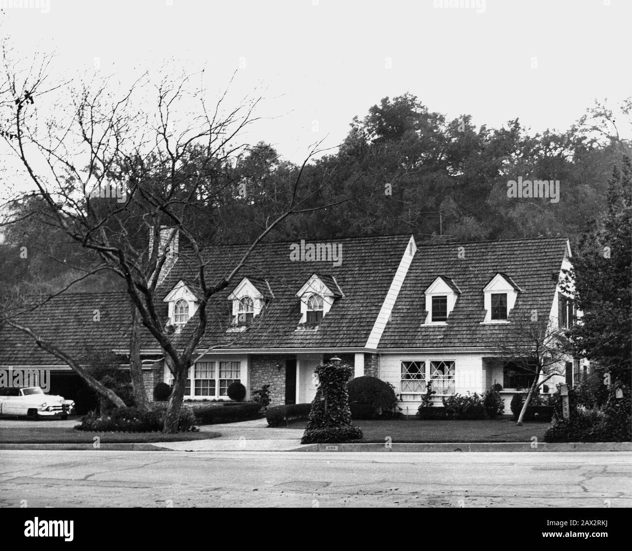 1956 , LOS ANGELES : l'attrice americana MarilYN MONROE (1926 - 1962), ha sede a Los Angeles al 595 North Beverly Glen Boulevard , West L.A. Bel Air . Questa era la casa di Marilyn nel periodo di tempo dopo il ritorno da New York per la realizzazione di una FERMATA di autobus di film (Fermata d'autobus) da Joshua Logan e il suo matrimonio con il drammaturgo Arthur Miller. In questa casa Marilyn soggiorno con il fotografo Milton Greene e sua moglie . La casa era di proprietà del sig. E sig.s Sidney Lushing.; l'affitto era 950 dollari al mese. - CINEMA - film - CASA - ABITAZIONE - giardino - giardino - albero - alberi - thr Foto Stock