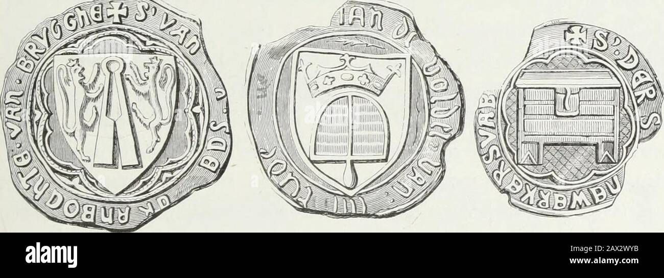 Mœurs, usanze et costumi au moyen âge et à l'époque de la Renaissance . Fig. 2o5. Sceau de la corpora - Fig. 20Ô. Sceau delà corpora- Fig. 207. Sceau de la corpora-tion des charpentiers de Saint-tion des cordonniers de Saint-tion des tisserands de laineTrond (Belgique), daprès une Trond, suspuddu à une charte de Hasselt (Belgique), sus-empreinte conservée aux ar- de 1481, conservée aux archi- pendu à un titre en parche-chives de cette ville (1481). ves de ladite ville. min du 25 juin 1574.. Fig. 208. Sceau de la corpora-tion des tondeurs de drap deBruges (1356), daprès uneempreint Foto Stock