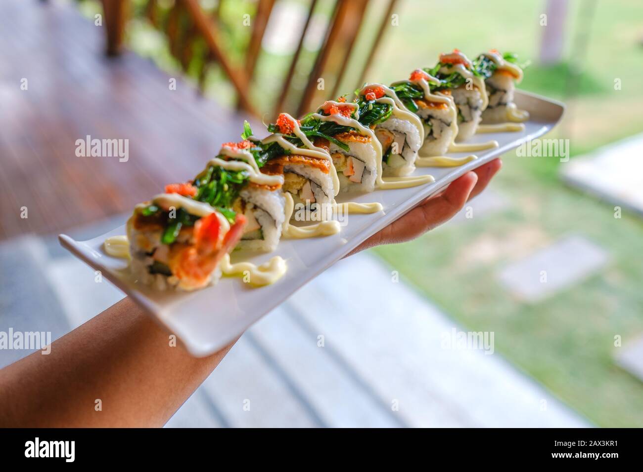 Primo piano di qualcuno che tiene un vassoio di diversi tipi di sushi Foto Stock