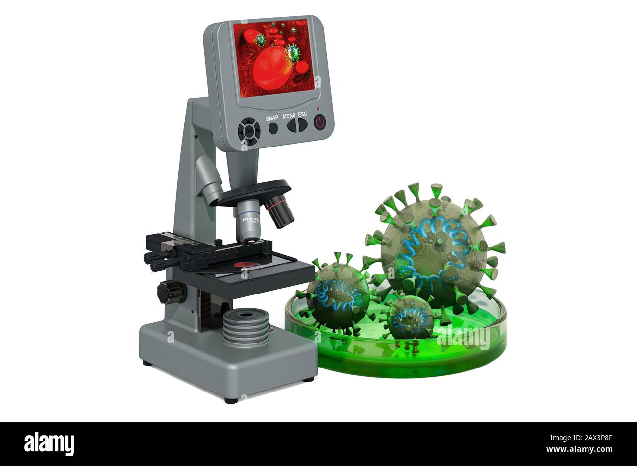 Concetto di ricerca sui virus, microscopio con virus e cellule del sangue. Rendering 3D isolato su sfondo bianco Foto Stock