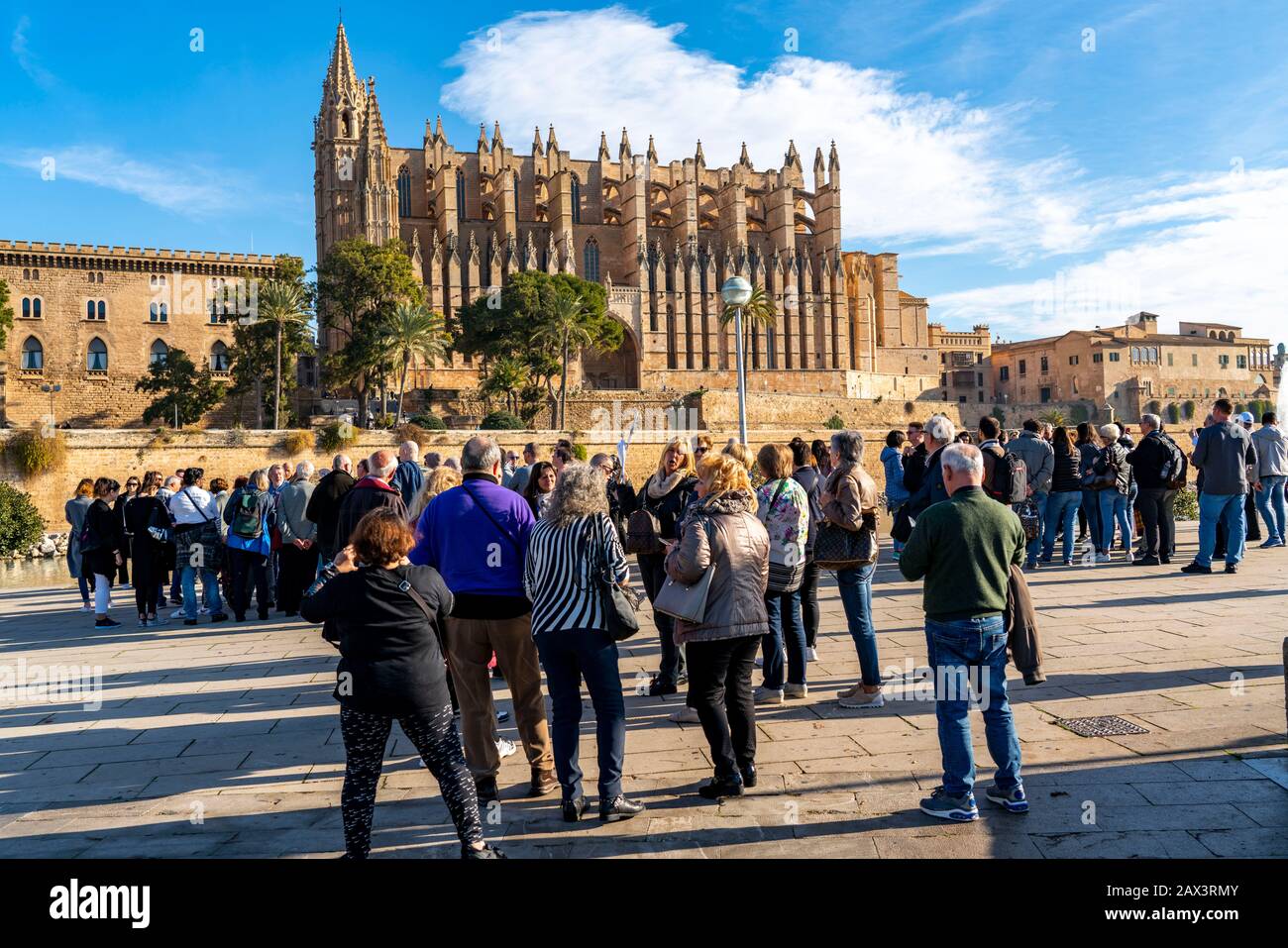 Palma de Mallorca, Baia di Palma, la Cattedrale di Santa Maria, gruppo turistico, da una nave da crociera, Isole Baleari, Spagna Foto Stock
