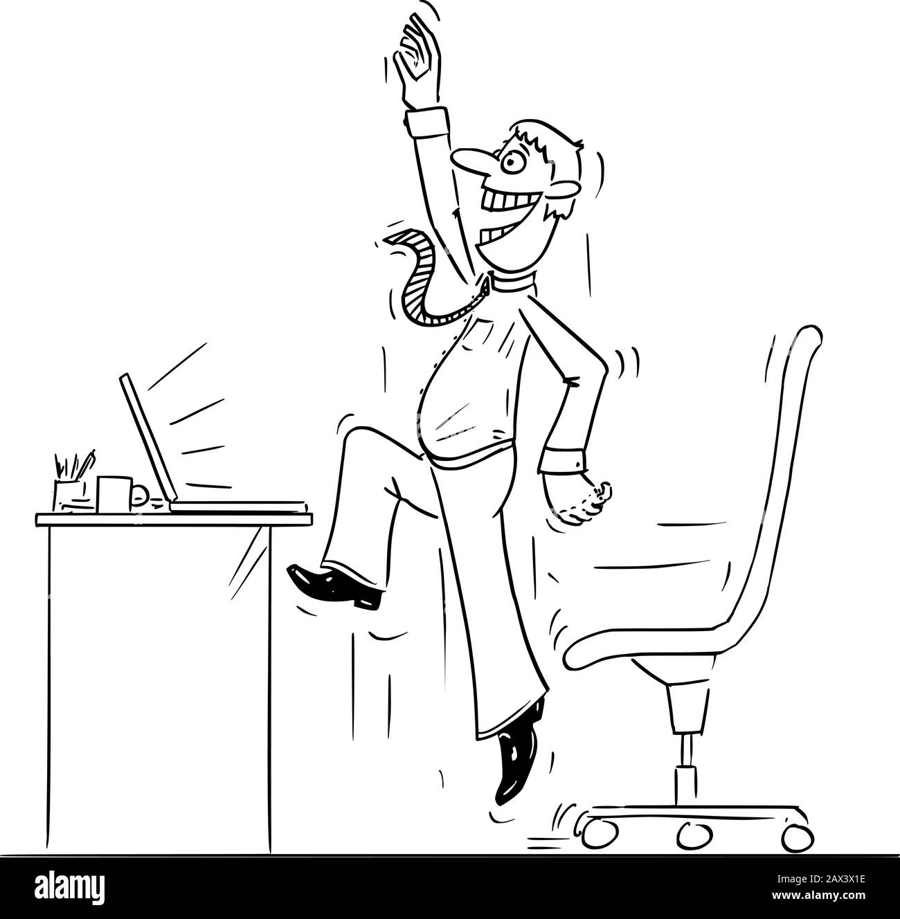 Vettore divertente fumetto disegno di uomo d'affari, lavoratore d'ufficio o uomo che lavora sul computer e saltare e celebrare il successo. Illustrazione Vettoriale