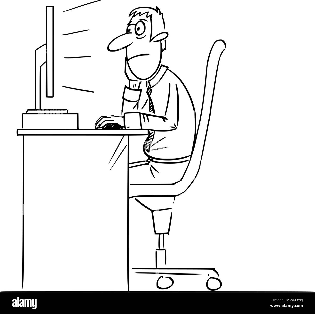 Vettore divertente fumetto disegno di un uomo annoiato, lavoratore ufficio o uomo d'affari che lavora sul computer. Illustrazione Vettoriale