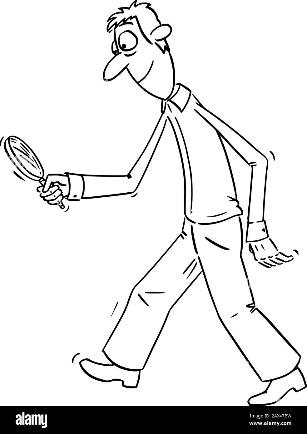 Vettore divertente fumetto disegno di uomo turbato o detective camminare con lente di ingrandimento o lente di ingrandimento e la ricerca di qualcosa di nascosto o indizio. Illustrazione Vettoriale