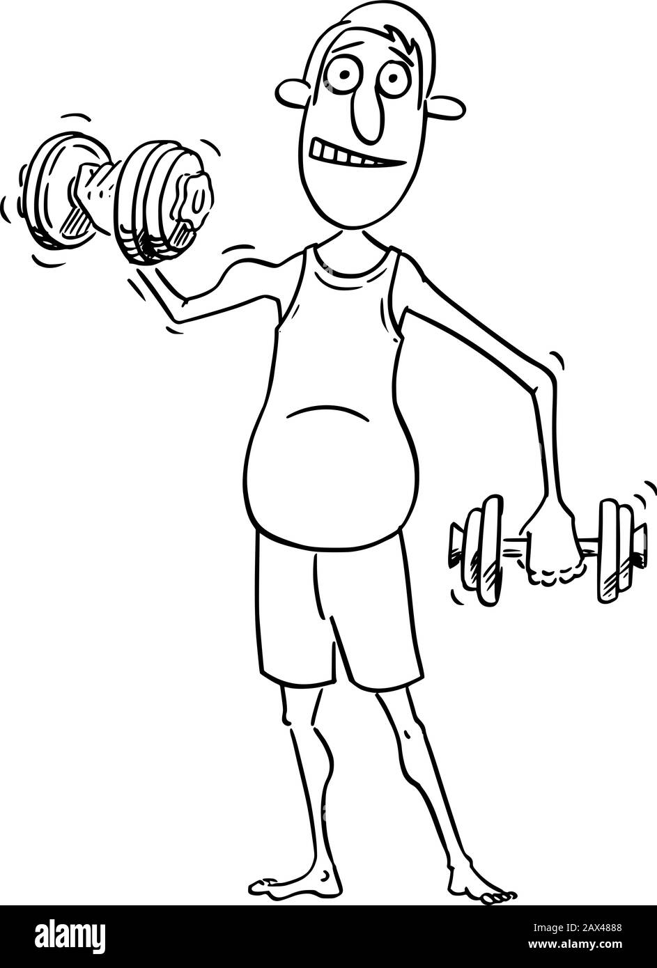 Vettore divertente fumetto disegno di un uomo medio di mezza età che si esercita a casa con due dumbbells. Concetto di stile di vita sano. Illustrazione Vettoriale