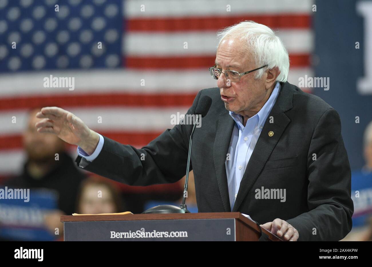 Il senatore statunitense Bernie Sanders, indipendente dal Vermont, parla a Ringe, N.H., USA, durante la campagna presidenziale del New Hampshire. Foto Stock