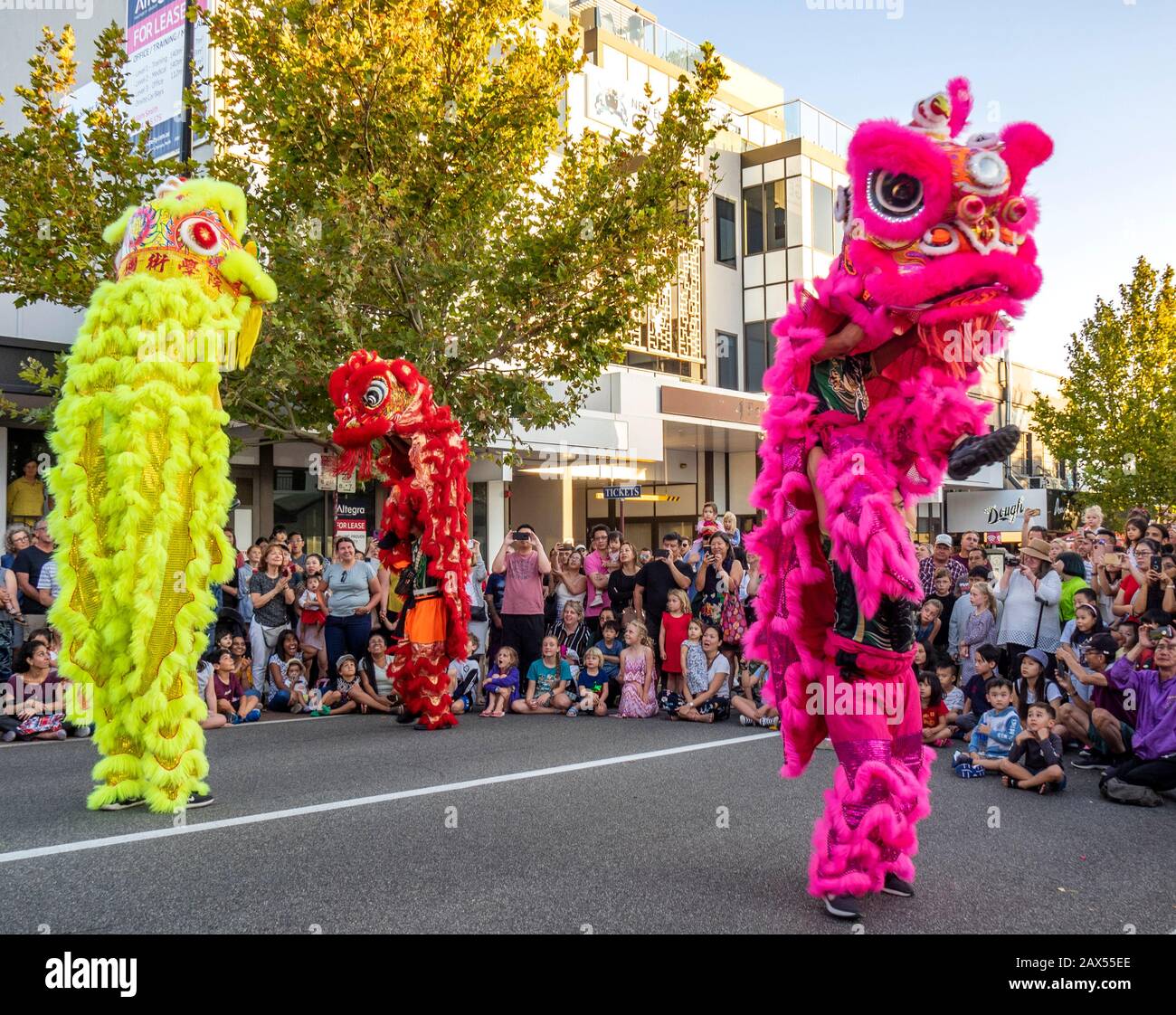 Folla che guarda la danza del Leone al Festival delle Lanterne parte delle celebrazioni del Capodanno cinese Lunar 2020 a William St Northbridge Perth nell'Australia Occidentale. Foto Stock