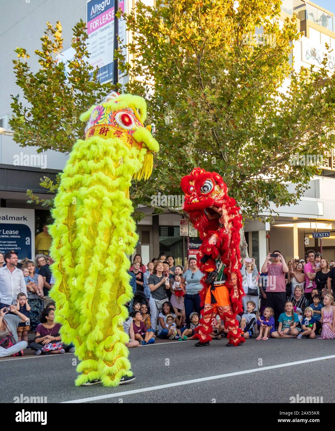 Folla che guarda la danza del Leone al Festival delle Lanterne parte delle celebrazioni del Capodanno cinese Lunar 2020 a William St Northbridge Perth nell'Australia Occidentale. Foto Stock