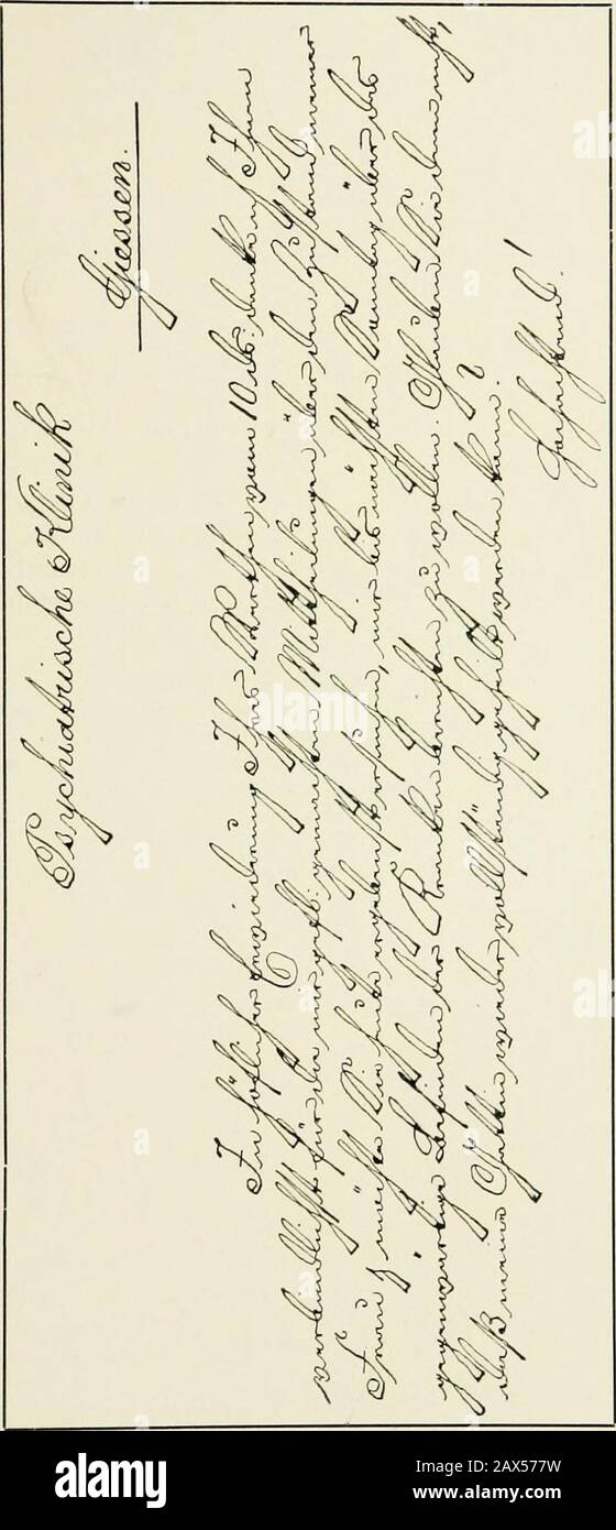 Die Schrift bei Geisteskrankheiten; eine Atlas mit 81 Handschriftproben . von wem das Schriftstück her-rührte, so könnte man bei sorgfältiger Betrachtung auch nicht dasleiseste Anzeichen einer psichechen Anomalie darin entdecken. DieserTremor eignet sich, da er ohne gröbere motorische, koordinatorischeund psicheische Komplikationen ganz allein auf physiologischerBasis zustande Kommkt, daher vorzüglich zur Demonstration gegenüberdem mit Ataxie stets mehr oder weniger kombinierten Zittern, z. B. beiParalyze, multiplexer Sklerose, Paralisi agitans, Alkoholismus, Chorea etc.Der Unterschied gegenüber Foto Stock