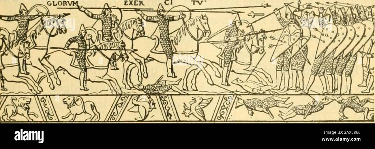 Una breve storia dell'Inghilterra . la costa sud-occidentale tutta l'estate, guardando per lo sbarco della Williams; ma era i ETVEMTL^, M&gt; PCVtWEle Navi normanne che attraversano il canale (dall'Arazzo di Bayeux) quasi impossibile tenere insieme nel tempo di raccolto un armymulo in gran parte dei contadini, e quando l'invasionista Williams ha ritardato Harold finalmente ha rinunciato allo sforzo e la maggior parte degli istroops sono stati dispersi nelle loro case. Poco è stato fatto questo nuovo rivale, un terzo pretendente per la corona, Harold Hardrada, re di Norvegia, che rappresentava le rivendicazioni della linea di Cnut, DANESE E NORMAN CONQUISTA 95 app Foto Stock