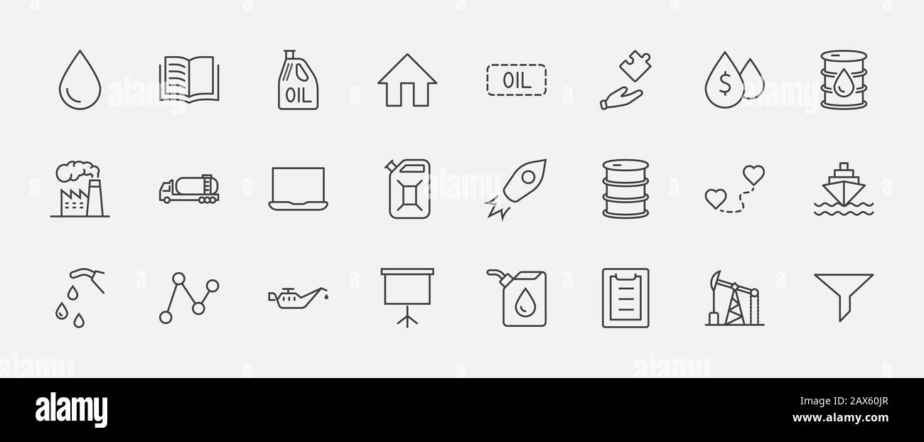 Set Di Icone Della Linea Vettore Relative All'Olio. Contiene icone come Fuel Truck, gas Station, Oil Factory, Transportation e altro ancora. Traccia Modificabile. 32x32 Pix Illustrazione Vettoriale