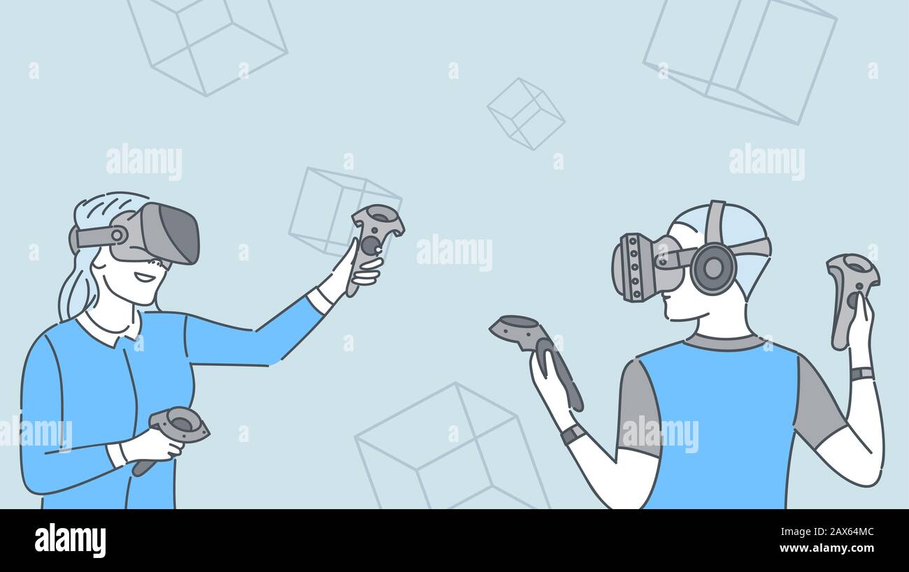 Persone che indossano visore VR illustrazioni cartoon. Due ragazze che giocano insieme al gioco della realtà virtuale, godendosi i caratteri piatti del videogioco con il contorno. Giocatori di sesso femminile, giocatori con controller wireless Illustrazione Vettoriale