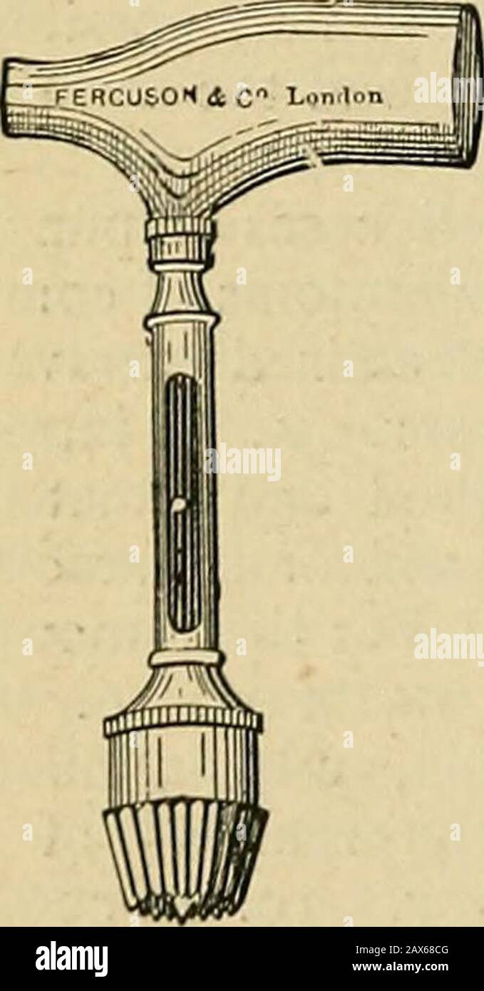 Chirurgia; la sua teoria e pratica . che può essere leftopen per drenaggio, e applicando una medicazione dryantisettic e su di esso un ghiaccio-sacco toprevent infiammazione. Il trephine non deve essere applicato, come regola, su una sutura, un seno anair o venoso, o sull'arteria middlemeningea, a meno che l'operazione non venga eseguita con una vista per assicurare quel vaso. Il trephine conico, mostrato in Fig. 115, sarà trovato uno strumento più sicuro di quello inordinario uso, come con esso la dura madre è meno probabile essere ferita, e la maniglia inoltre ispiù comoda lavorare con. Può nowbe ha avuto con un manico di metallo ed il Foto Stock