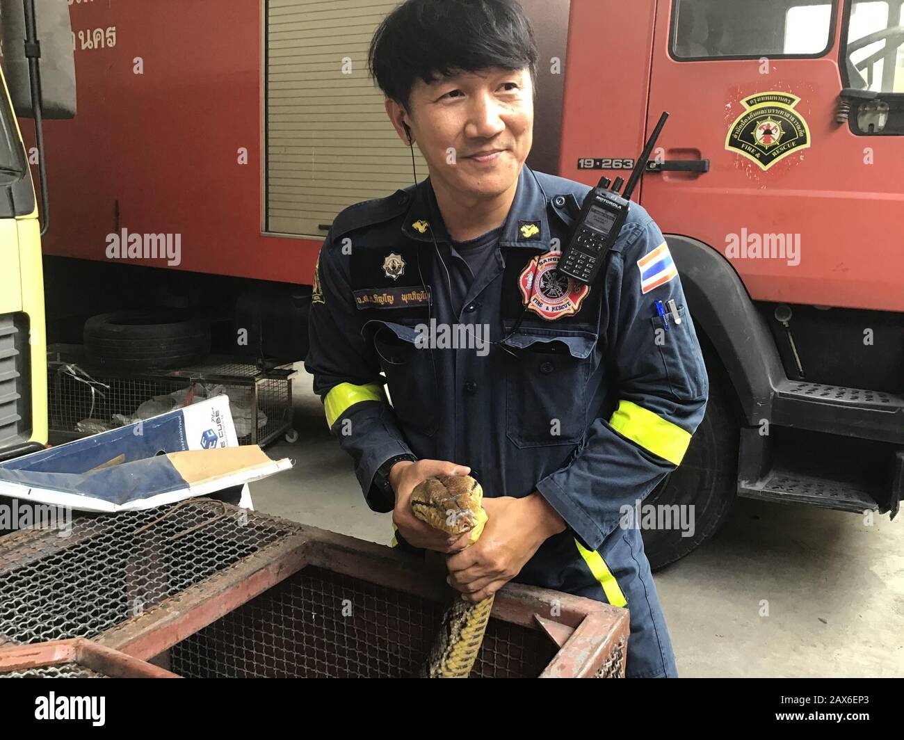 Bangkok, Tailandia. 03rd Feb, 2020. Pinyo Pukpinyo, cacciatore di serpenti presso il reparto antincendio. Sul suo orologio mostra un pitone. Nella capitale tailandese, la brigata antincendio è chiamata più spesso per i serpenti che per spegnere gli incendi. (A dpa 'The Snake Hunter of Bangkok') credito: Caroline Bock/dpa/Alamy Live News Foto Stock