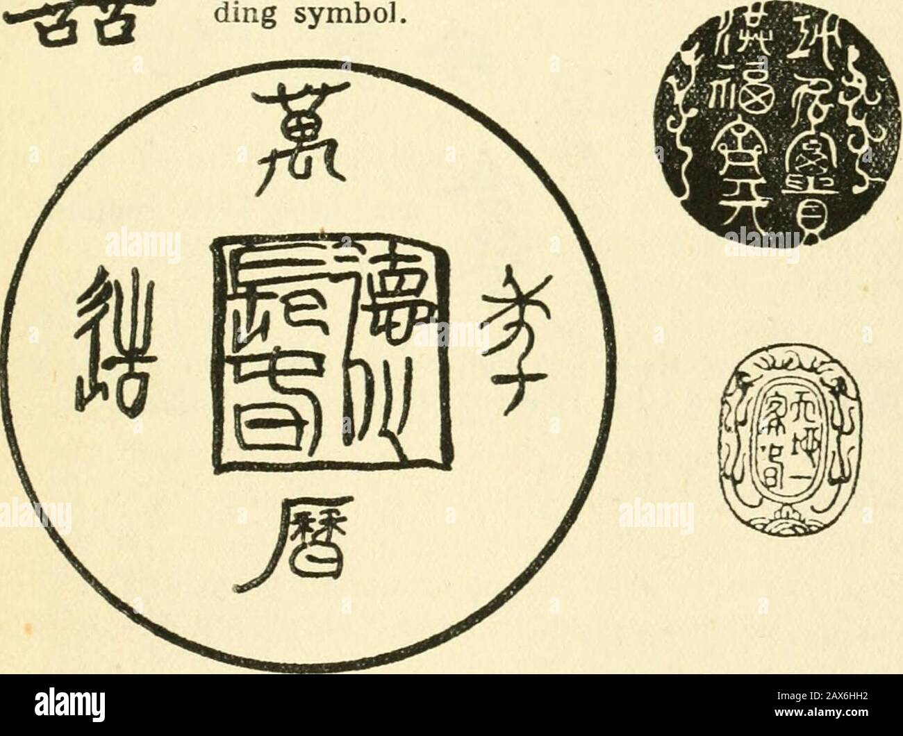 Ceramica cinese e porcellana : un resoconto dell'arte del vasaio in Cina dai tempi primitivi ai giorni nostri . m m. ie hua chang chun = virtù culturee primavera duratura; chiuso da Wan li nien tsao = fatto nel periodo di Wan li (1573-1619). WAN fu yu tung = a my-riad happinesses embraceall (your Affairs) 1 Kung ming fukuei Hung fuchi Vien =un nome famousname, richesand honours,happi-ness cielo uguale-ling cielo i t en i yichia chun =primavera tempo per il wholefamily ofheaven andearth. TA ya chai padiglione grande cuil-ture. Ti m p r e s sdowagersmark. ^%k 226 marchi cinesi di ceramica e porcellana Foto Stock