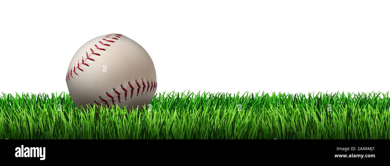 Baseball su un campo erba isolato su uno sfondo bianco con elementi di illustrazione 3D. Foto Stock
