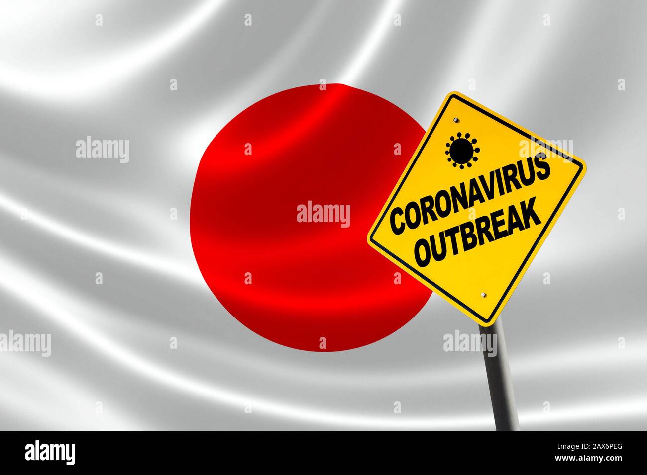 Allarme di focolaio di coronavirus contro un background di bandiera giapponese. Il Giappone ha uno dei più alti casi di infezione al di fuori della Cina. Foto Stock