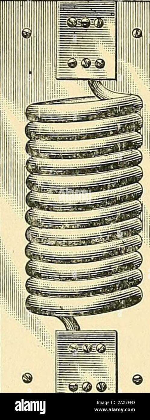 [Ingegneria elettrica.] . ead di saltare attraverso il traferro. Il traferro deve essere, ovviamente, sufficientemente lungo da non poter saltare attraverso la pressione generata dalla dinamo stessa. Per pressioni fino a 500 volt dovrebbe essere sufficiente una distanza di Jj pollici, e una distanza di questa lunghezza offenderebbe una resistenza notevolmente inferiore allo scarico rispetto all'insula-zione sulla dinamo. 46. Bobine reattanza, o calci, Per fare in modo che la scarica attraversi il dispositivo di arresto, bobine di calci, bobine di orreattanza, sono spesso inserite tra il dispositivo di arresto e la dinamo. Bobina Akicking o reattanza Foto Stock