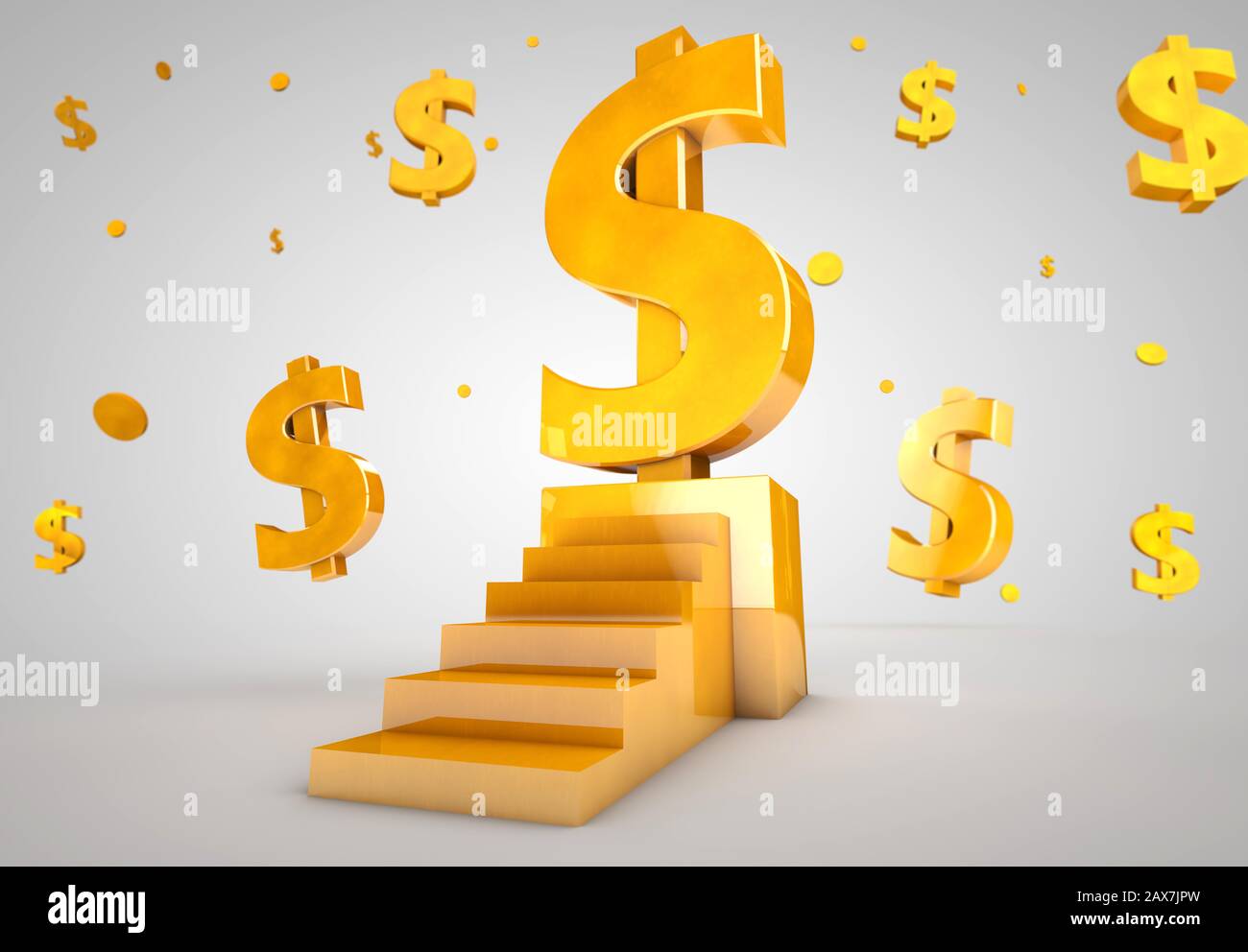 Simbolo del dollaro d'oro su un piedistallo con gradini. rendering 3d Foto Stock