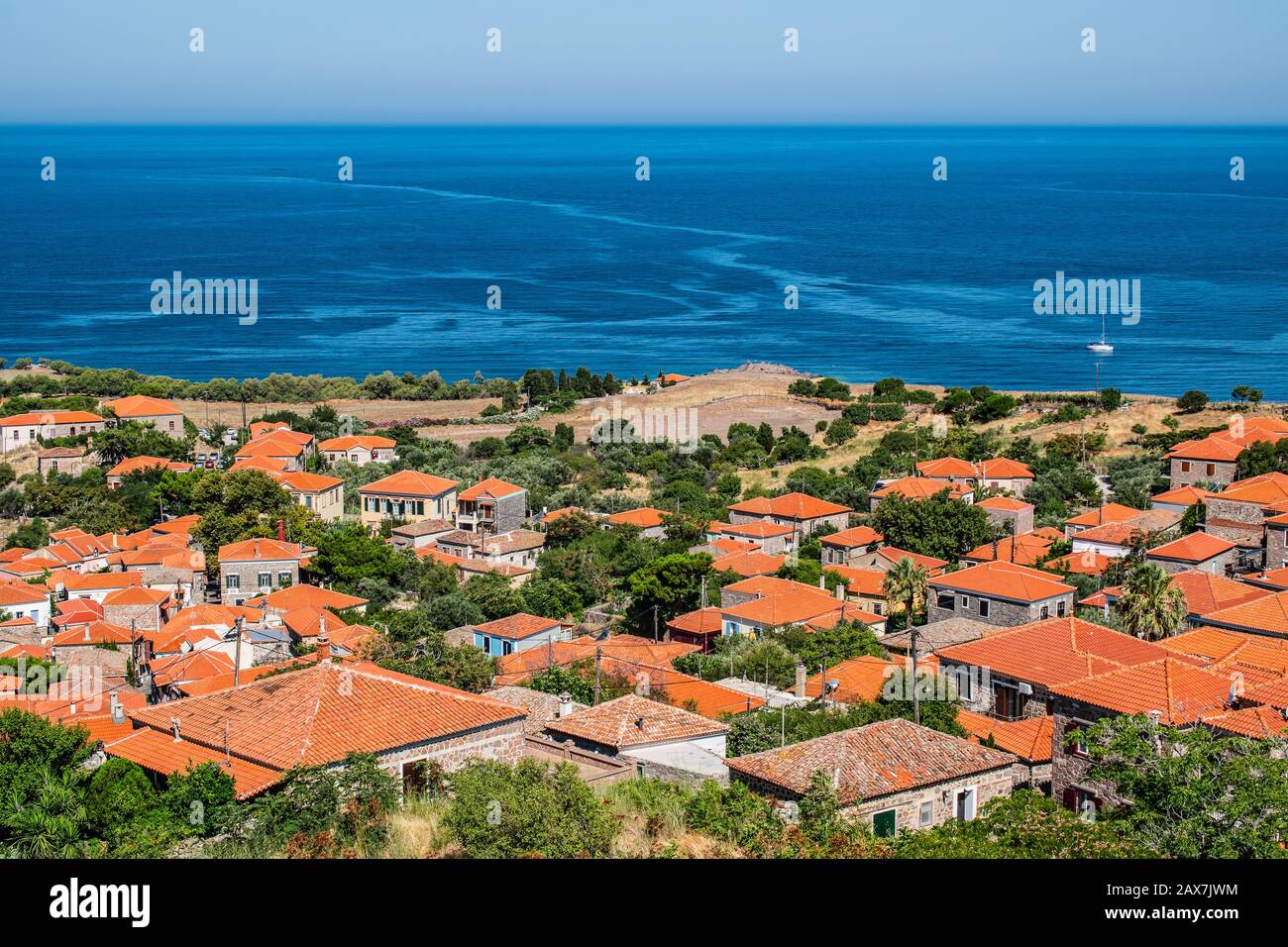 Veduta aerea della città greca di Molyvos (Mithymna), Grecia. Foto Stock