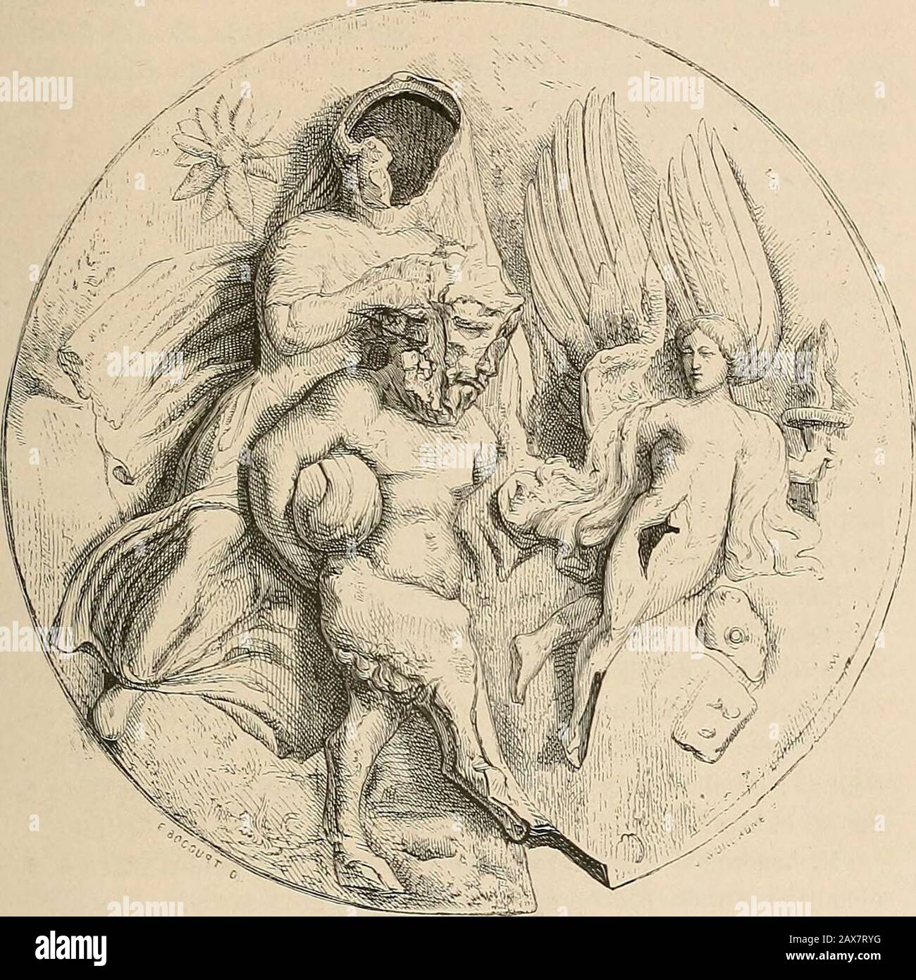 Gazette des beaux-Arts . Je signalerai ensuite une grande bulle dor, décorée dun bas-reliefau repoussé représentant un Bacchant dansant, puis un braccialetto dorjadis incrillé de pâtes. CES trois objets ont été trouvés dans un mêmetombeau, en Épire, auprès de Janina. Enfin citons encore une bractéatedor décorée dune tête de Jupiter, trouvée à Santorin. I. Miliingen, Lases grecs, pi. XIV. QUELQUES ANTIQUITÉS APPORTÉES DE GRÈGE. 121 Y. OBJETS SUBACQUEI. Lindustrie du verre, poussée si loin chez les anciens, nest repré-sentée, parmi les objets que rapporte M. Lenormant, que par un char. IROIR ITU, TROU Foto Stock