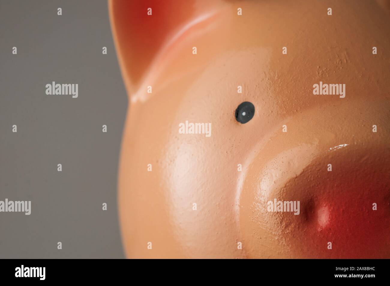 Porcellino banca primo piano scatto su sfondo grigio. Molto spazio di copia. Foto Stock