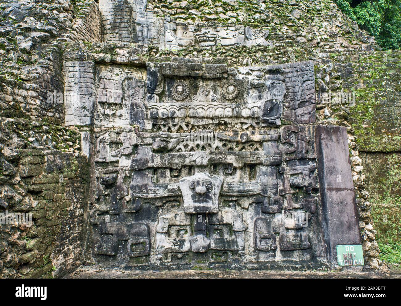 Sculture in legno all'Altare 21, Plaza B a Caracol, rovine Maya, altopiano di Chiquibul, distretto di Cayo, Belize, America Centrale Foto Stock