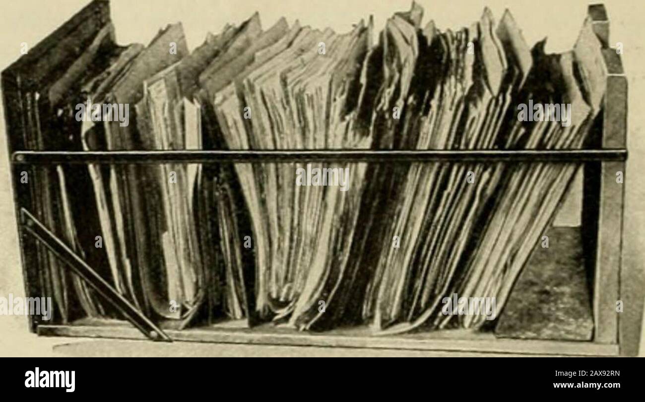 Giornale Di Registrazione . Vecchio Metodo di Filing Verticale. Out interamente. Ma mentre questi setti sono mobili ed amovibili in modo uniforme, non sono sciolti, in quanto si trovano ad una certa ex-tenda, limitata al loro movimento da scivoli metallici o distancestrips, montati sulla parte superiore del cassetto, mentre nella parte inferiore del cassetto è presente una piastra metallica fiat con fessure tagliate. Le strisce di distanziamento sulla parte superiore sono dentellate in modo da corrispondere alle tacche della piastra sul fondo del cassetto. Queste caratteristiche limitano ancora le partizioni nel loro movimento, ma si dice, non incidono sulla disposizione o divisione del cassetto, come può essere s Foto Stock