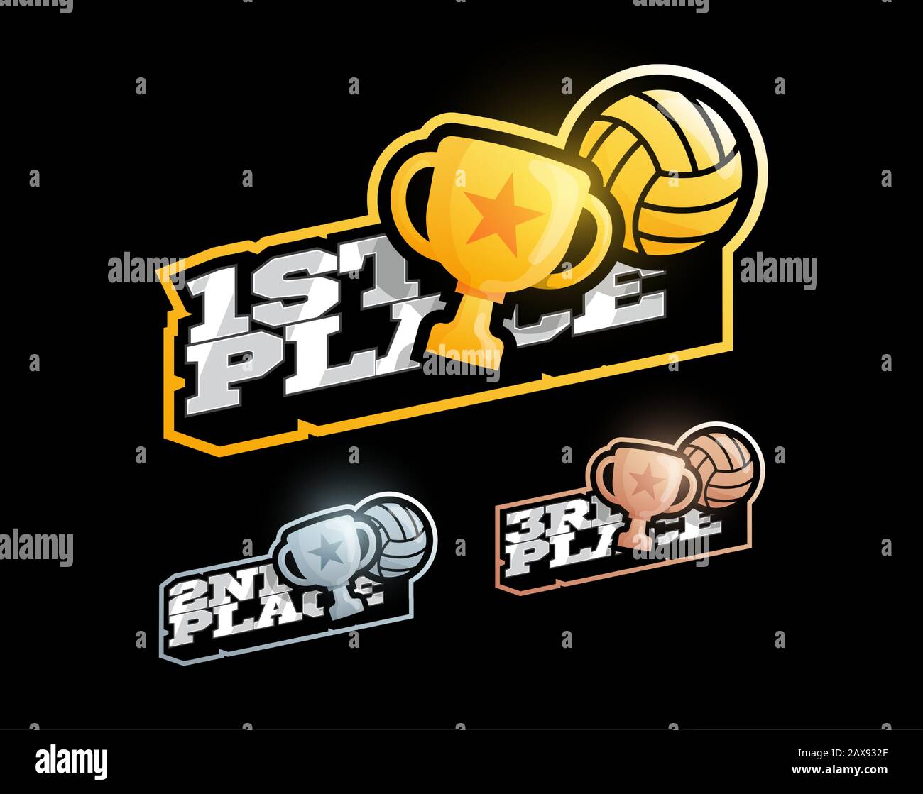 Volleyball Victory set Typography sport pallavolo palla e coppa in stile retrò emblema vettore concetto con oro, argento e bronzo tazza tr Illustrazione Vettoriale