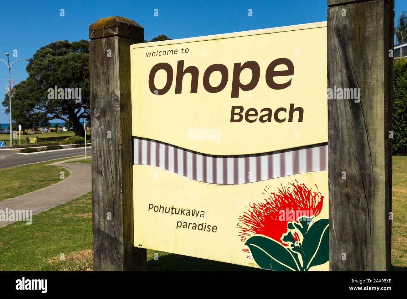 Cartello Stradale Di Ohope Beach, Whakatane, Isola Del Nord, Nuova Zelanda Foto Stock