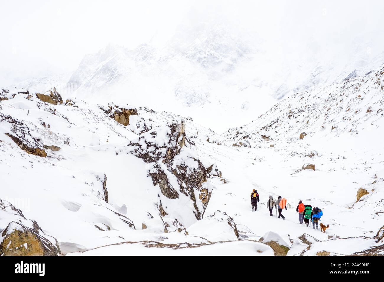 Gruppo di escursionisti sul campo base Everest Trek in inverno neve, Nepal Himalaya Foto Stock