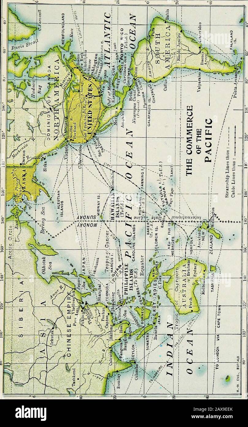 Geografia commerciale : un libro per scuole superiori, corsi commerciali e college commerciali . e vari stati di Aus-tralia insieme con la Tasmania. La loro posizione corrisponde molto strettamente a quella del Messico e dell'America centrale, eil clima e i prodotti non sono diversamente. Una parte rispettabile dell'Australia è un deserto, e una grande area è troppo arida per la produzione di pane-stufis; la costa orientale, tuttavia, riceve abbondanti piogge. L'Australia produce quasi un terzo della clip di lana del mondo. A causa del clima, la qualità della lana, gran parte del merino, è eccellente. Più della metà dell Foto Stock