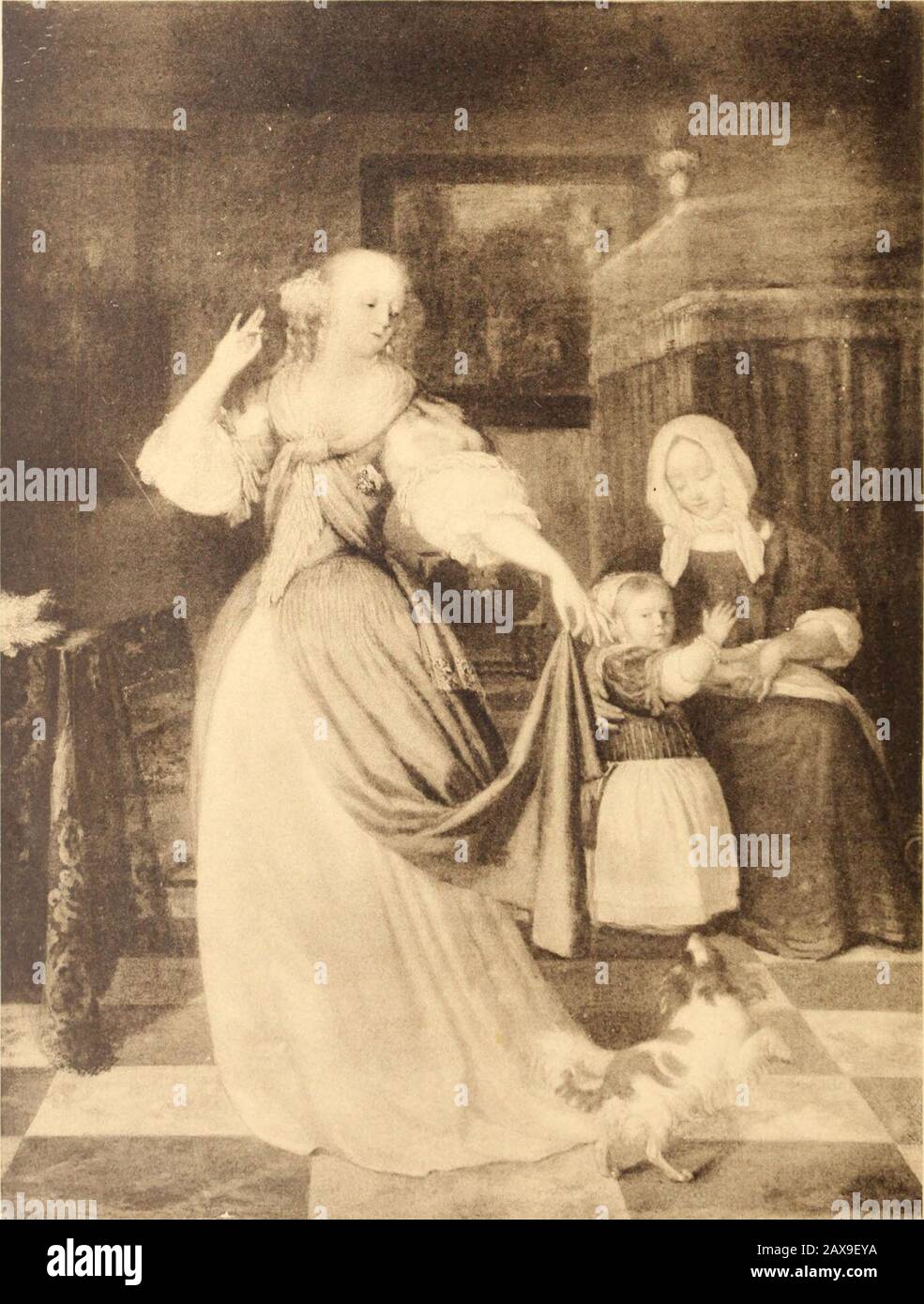 Tableaux anciens et modernes . X. •&gt;•&gt;. 1 [Ermann van dei Mvn Collection Pein,. . 56. Has mi i [em111K van der Neei - 13 - MOUCHERON (Isaac de) Amsterdam vers 1670 - 1711. 4. Paysage accidenté. Au center, à lavant-plan, un groupe darbres avec un tronc fourdroyé, gisant par terre; à gauche un homme et une femme passant un gué; plusloin, un cavalier suivi de ses chiens, à lombre darbres plantés au borddun cours deau. Fond montagneux avec castel.A droite. Au bas: I. M. (entrelaces) F. Toile; Hauteur 99, Largeur 81 Cent. Myn (Hermann van der, le vieux) Amsterdam 1684 - Londres 17 11. 55. La mo Foto Stock