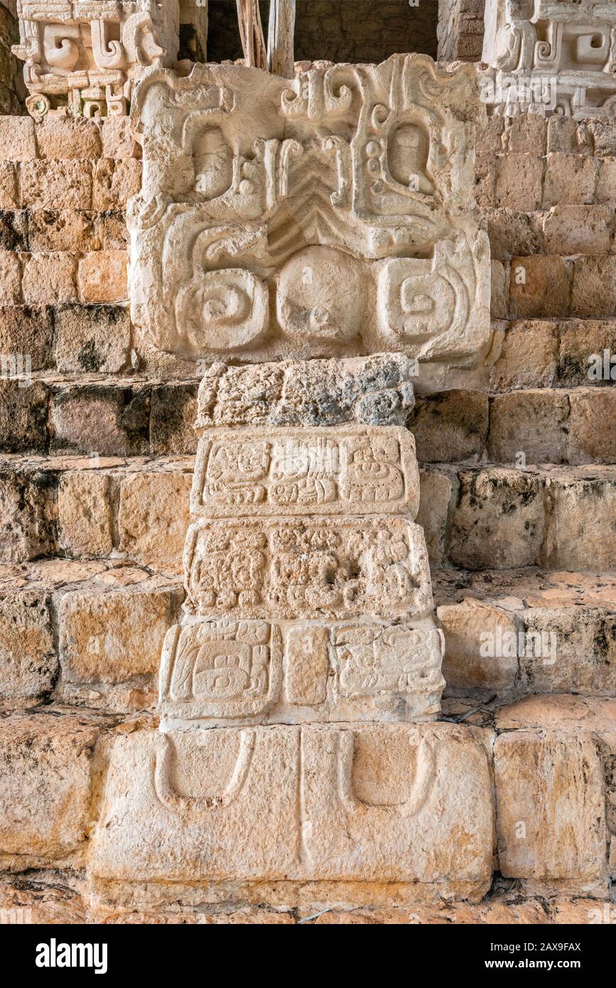 Testa di serpente con geroglifici maya, bassorilievo alla piramide dell'Acropoli nell'area archeologica di Ek Balam, stato dello Yucatan, Messico Foto Stock