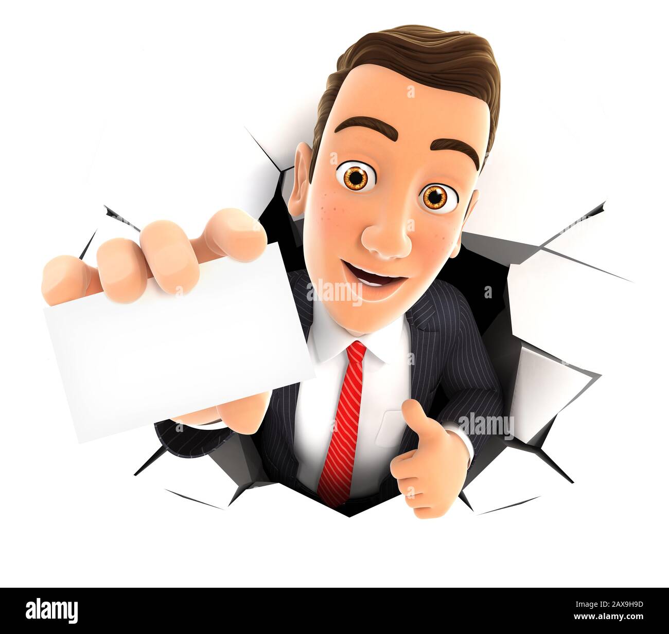 3d uomo d'affari che esce attraverso un muro con carta aziendale, illustrazione con sfondo bianco isolato Foto Stock
