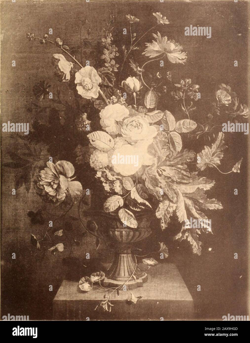 Tableaux anciens et modernes . HUYSUM (Jean van) Amsterdam 1682-1749. 42. Fleurs. Splendido bouquet dans un vase brun posé sur un socle de pierre.En bas, au milieu: Jan van Huysum. Toile; Hauteur 109, Largeur 86 Cent. KALF (Guillaume) Amsterdam 1630-1693. 43. La natura mante. Sur une table placée dans une postiche, et couverte dun tapis vert,un plat en métal avec un citron coupé; derrière, un verre à moitié pleinde vin; à côté: Des huîtres, des raisins, des aranci, des noix et deschâtaignes; Un couteau est posé mu- le bord de la table, une flûte à Cham-campagne se détache sur le fond, et un papillo Foto Stock