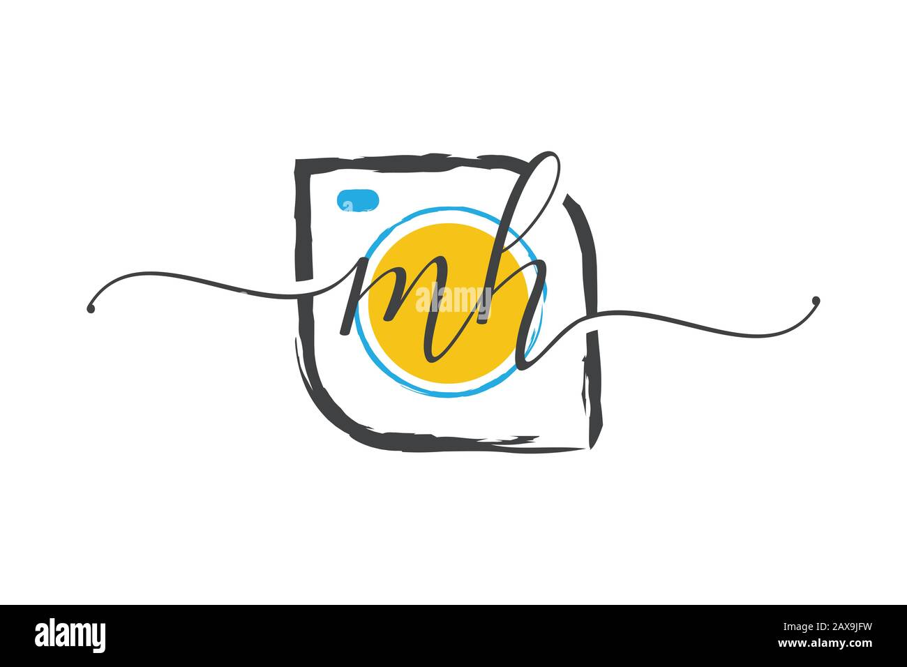 M H disegno Iniziale del logo di scrittura a mano con un pennello, concetto del logo di fotografia. Illustrazione Vettoriale