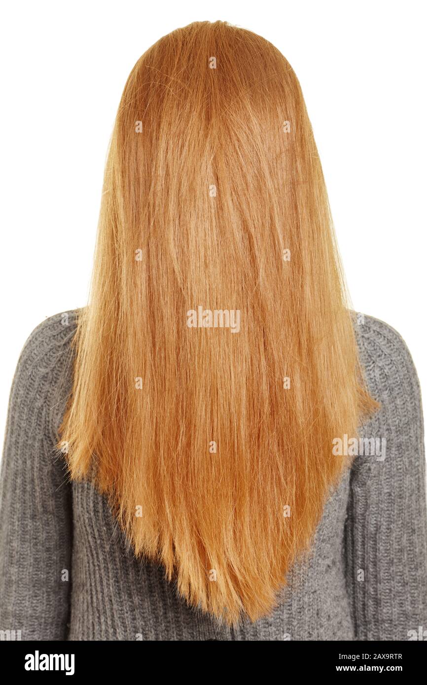 Donna bionda con capelli lunghi davanti al viso Foto Stock