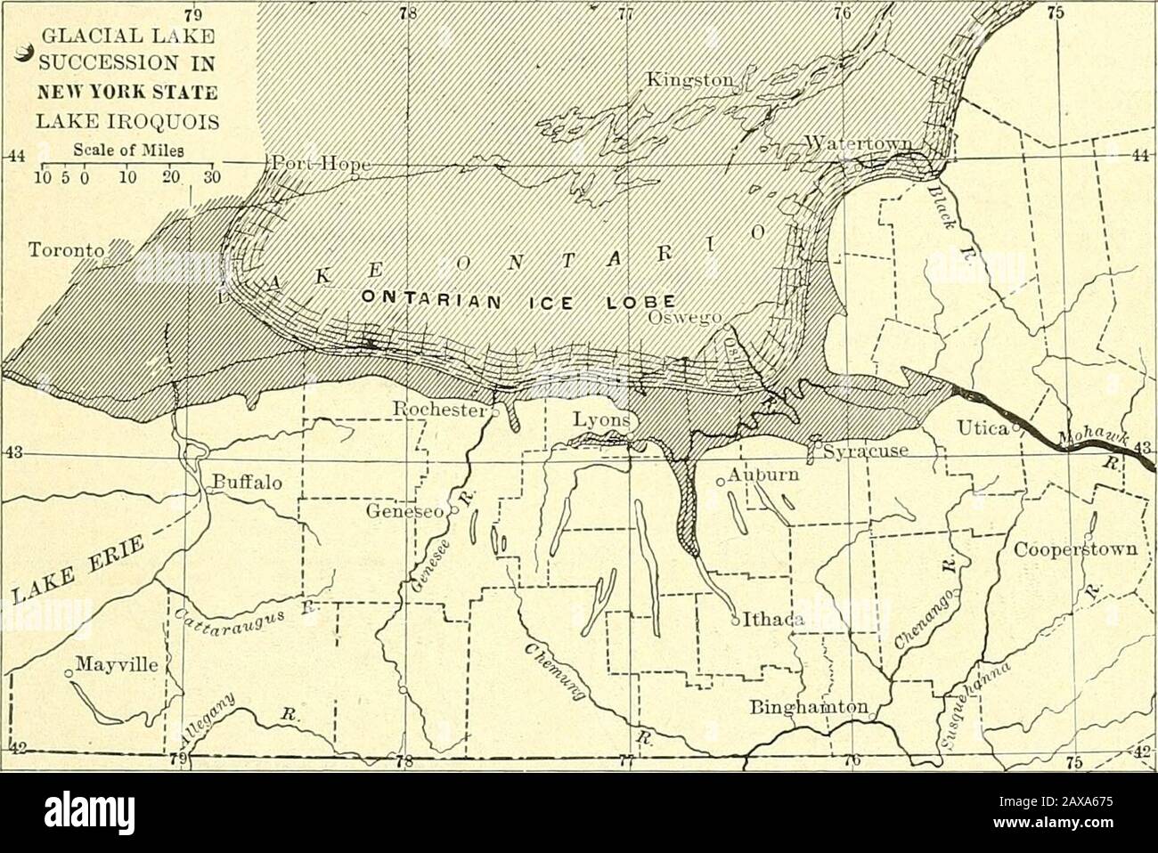 Fisiografia forestale; fisiografia degli Stati Uniti e principi del suolo in relazione alla silvicoltura . Fig. 287. L'overflow in questa fase era verso ovest verso il Mississippi invece che verso sud verso la Susque-hanna. Elevazioni da 1000 piedi ad est a piedi goo ad ovest. Pianura DEL CENTRO DI NEW YORK 713 vero per tutte le acque che si tengono nella regione Genesee sotto circa 1200 piedi, così come in diverse altre regioni del lago. Ma tutti i piedi di drenaggio under900 ad un periodo successivo era verso est passato Syracuse alla valle di MohawkValley. Nella regione generale dei Finger Lakes tra Bataviaand Syracuse almeno il 13 settembre Foto Stock