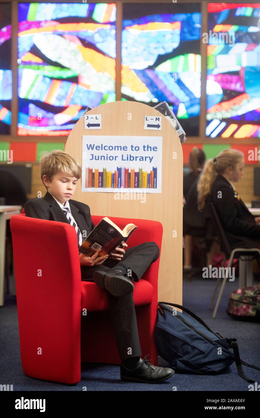 Un ragazzino che legge nella biblioteca di una scuola secondaria, nel Regno Unito Foto Stock