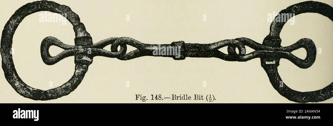 Antiche abitazioni o crangi scozzesi : con un capitolo supplementare sui resti di abitazioni lacustri in Inghilterra . Fig. 146. Anello dita (f). Fig. 147 (£). la barra di direzione all'altra estremità è tagliata longitudinalmente e piercedtrasversalmente da un piccolo foro intorno al suo centro. 7. Filo di bronzo curvo e leggermente scanalato, 2 incheslong, e precisamente simile alla parte superiore di un perno modernsafety. Fig. 148.-Brodle Bit (J&gt; (c.) articolo in ferro e bronzo.- un bridle bit. Il Thisconsiste di due anelli grandi e di un pezzo centrale. La sua lunghezza è 10| pollici, il diametro esterno degli anelli è piuttosto Foto Stock